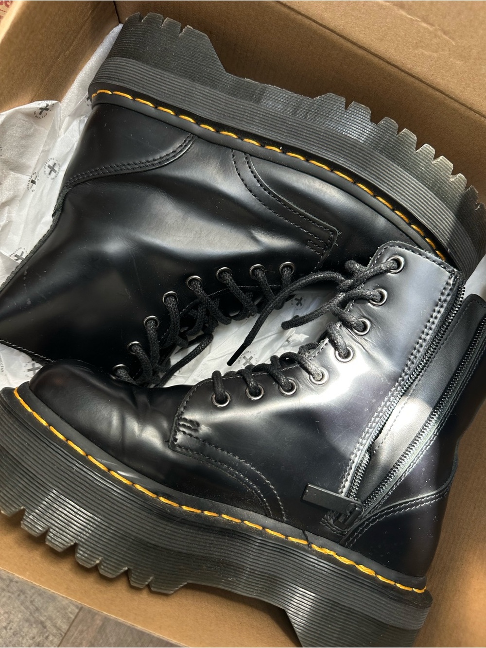 Women's Black Dr Martens Lace-Up Platform Combat Boots with Yellow Stitching